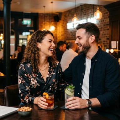 Young couple flirting over cocktails at a stylish London bar, representing casual dating in the UK