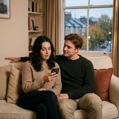 Situationship UK guide hero image Young British couple sitting close on a soft fabric sofa in a warmly lit modern UK flat, the woman thoughtfully looking at her phone, illustrating the quiet ambiguity of a situationship