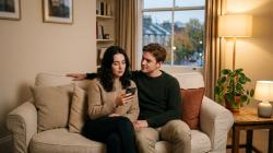 Young British couple sitting close on a soft fabric sofa in a warmly lit modern UK flat, the woman thoughtfully looking at her phone, illustrating the quiet ambiguity of a situationship
